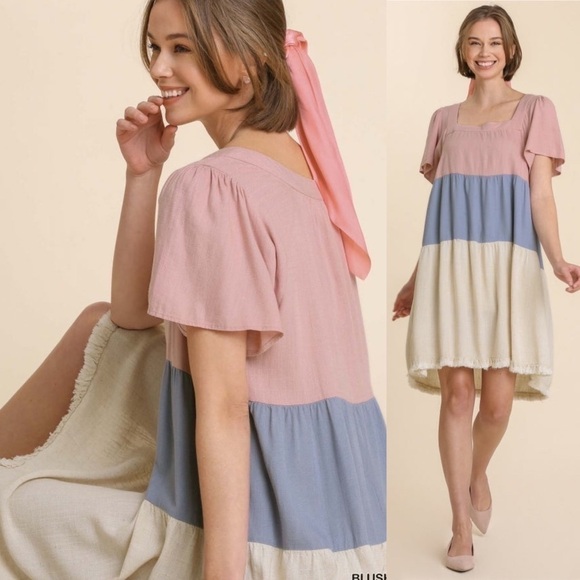 🆕 Umgee Linen Blend Colorblock Square Neckline Short Sleeve Dress Frayed Hem - Picture 3 of 6
